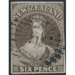NEW ZEALAND - 1862 6d black-brown QV Chalon, star watermark, imperforate, used – SG # 41