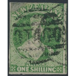 NEW ZEALAND - 1864 1/- green QV Chalon, NZ watermark, imperforate, used – SG # 100