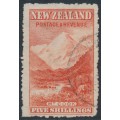 NEW ZEALAND - 1906 5/- red Mt. Cook, NZ star watermark, perf. 14, used – SG # 329ba