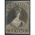 NEW ZEALAND - 1862 6d black-brown QV Chalon, star watermark, imperforate, used – SG # 41