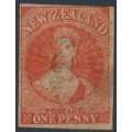 NEW ZEALAND - 1864 1d carmine-vermilion QV Chalon, imperforate, NZ watermark, used – SG # 97