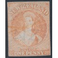 NEW ZEALAND - 1864 1d carmine-vermilion QV Chalon, imperforate, NZ watermark, used – SG # 97