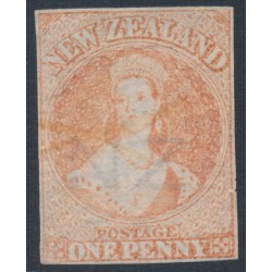 NEW ZEALAND - 1864 1d carmine-vermilion QV Chalon, imperforate, NZ watermark, used – SG # 97
