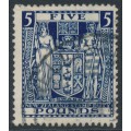 NEW ZEALAND - 1950 £5 indigo-blue Fiscal Coat of Arms, used – SG # F211