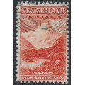 NEW ZEALAND - 1903 5/- vermilion Mt. Cook, single watermark, perf. 11:11, used – SG # 317ba