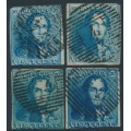 BELGIUM - 1849 20c King Leopold I, range of shades, boxed watermark, used – Michel # 2