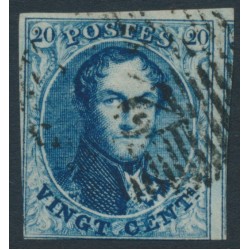 BELGIUM - 1850 20c blue King Leopold I in medallion, boxed watermark, used – Michel # 4A