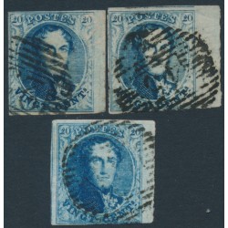 BELGIUM - 1851 20c blue King Leopold I in medallion x 3 with sheet margin, used – Michel # 4By