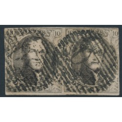 BELGIUM - 1854 10c brown King Leopold I in medallion, horizontally laid paper, pair, used – Michel # 3Bz