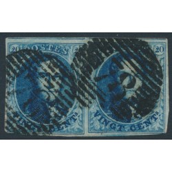BELGIUM - 1858 20c blue King Leopold I, "petit médallion", pair, used – Michel # 8I