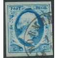NETHERLANDS - 1852 5c blue King Willem III, imperforate, plate I, used – NVPH # 1b