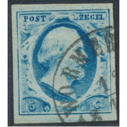NETHERLANDS - 1852 5c blue King Willem III, imperforate, plate I, used – NVPH # 1b