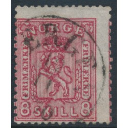 NORWAY - 1866 8Sk carmine Coat of Arms, misplaced perforations, used – Facit # 15a