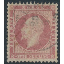 NORWAY - 1856 8Sk pale carmine King Oscar I, with an offset on the back, used – Facit # 5a
