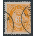 NORWAY - 1877 3øre orange Posthorn (shaded), used – Facit # 23