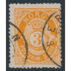 NORWAY - 1877 3øre orange Posthorn (shaded), used – Facit # 23