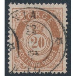 NORWAY - 1882 20øre brown Posthorn (unshaded, picture height = 21mm), used – Facit # 43