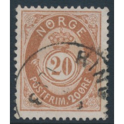 NORWAY - 1882 20øre brown Posthorn (unshaded, picture height = 21mm), 'spot in O', used – Facit # 43