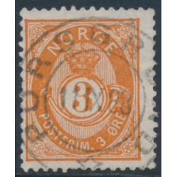 NORWAY - 1886 3øre reddish orange Posthorn (unshaded, picture height = 20mm), used – Facit # 51IIa