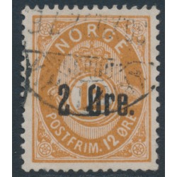NORWAY - 1888 2øre on 12øre brown Posthorn, has a break in “Ø” of the overprint, used – Facit # 47c