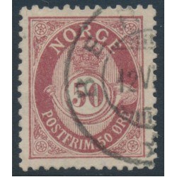 NORWAY - 1897 50øre carmine-brown Posthorn, perf. 13½:12½, used – Facit # 72