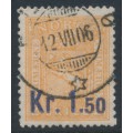 NORWAY - 1905 1.50Kr on 2Sk orange Lion, blue overprint, used – Facit # 88a