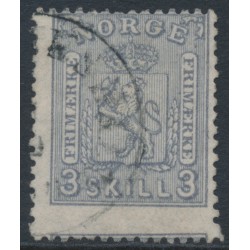 NORWAY - 1868 3Sk grey-violet Arms, misplaced perforations, used – Facit # 13a