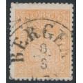 NORWAY - 1867 2Sk yellow-orange Coat of Arms, used – Facit # 12a