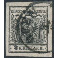 AUSTRIA - 1850 2Kr deep black Coat of Arms, hand-made paper, used – Michel # 2Xa