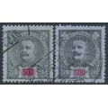 PORTUGAL - 1896 500R black/red on pale blue King Carlos I, both perfs, used – Michel # 137A+137B