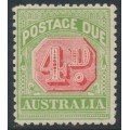 AUSTRALIA - 1909 4d rose-red/green Postage Due, perf. 12:12½, crown A watermark, MH – SG # D67