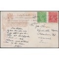 AUSTRALIA - 1915 a 1d dull red (G16) and ½d emerald KGV Heads on a postcard to Denmark