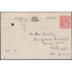 AUSTRALIA - 1918 1d rose KGV Head (shade = G21), perf. OS NSW on a postcard – ACSC # 71Kbb