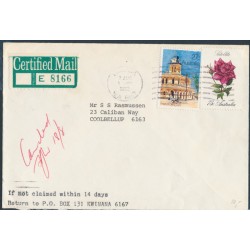 AUSTRALIA - 1982 27c Forbes PO + 75c Rose on Certified Mail cover – ACSC # 953 + 958