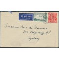 AUSTRALIA - 1935 3d green Airmail (horizontal mesh) + 2d red KGV on cover from TAS to NSW