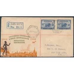 AUSTRALIA - 1934 3d blue Macarthur x 2 on Exhibition cover with cinderella to USA 