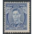 AUSTRALIA - 1937 3d blue KGVI definitive, die I (TA joined), perf. 13½:14, MH – SG # 168