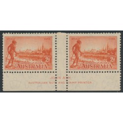 AUSTRALIA - 1934 2d red Victoria, perf. 11½ (Cowan paper), imprint pair, MH – ACSC # 154Az