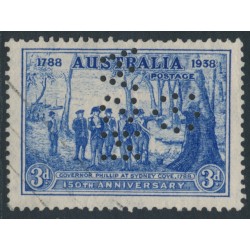 AUSTRALIA - 1937 3d blue NSW Anniversary, reversed G NSW perfin, used – SG # 194