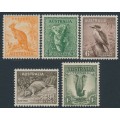 AUSTRALIA - 1949 ½d to 1/- Animals set of 5, no watermark, MNH – SG # 228 + 230a-230d