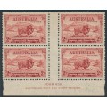 AUSTRALIA - 1934 2d carmine Macarthur, Ash imprint block of 4, MH – ACSC # 157z