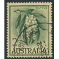 AUSTRALIA - 1959 2/3 green on yellow Wattle, variety 'weak T', used – ACSC # 368fb