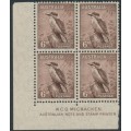 AUSTRALIA - 1942 6d brown Kookaburra, McCracken imprint block of 4, MNH – ACSC # 203zd
