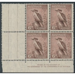 AUSTRALIA - 1942 6d brown Kookaburra, 'By Authority' imprint block of 4, MNH – ACSC # 203zk