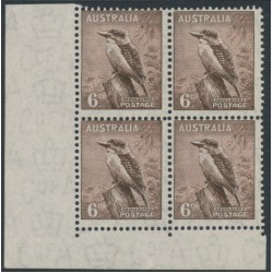 AUSTRALIA - 1942 6d brown Kookaburra, No Imprint block of 4, MNH – ACSC # 203zl