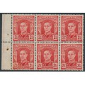 AUSTRALIA - 1949 2½d scarlet KGVI, booklet pane of 6, MNH – ACSC # 230ca