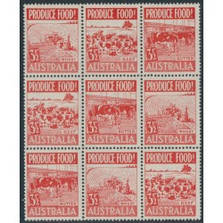 AUSTRALIA - 1953 3½d red Produce Food block of 9, with a variety, MNH – SG # 258a