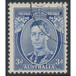 AUSTRALIA - 1937 3d blue KGVI definitive, die I (TA joined), perf. 13½:14, CTO – SG # 168