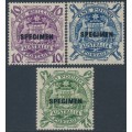 AUSTRALIA - 1949 10/- to £2 Coat of Arms set of 3, o/p SPECIMEN, MH – SG # 224bs-224ds