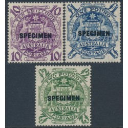 AUSTRALIA - 1949 10/- to £2 Coat of Arms set of 3, o/p SPECIMEN, MH – SG # 224bs-224ds